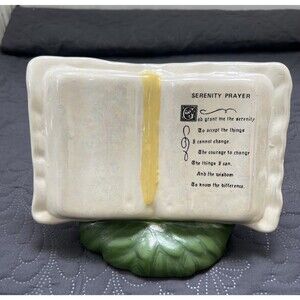 Serenity Prayer Vintage Ceramic Cream & Green Bible Figurine Signed 2002 Decor